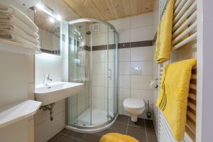 Bild: Lacknerhof Ferienwohnung Glantal: Badezimmer (Dusche, Waschbecken, WC, beheizbarer Handtuchhalter)